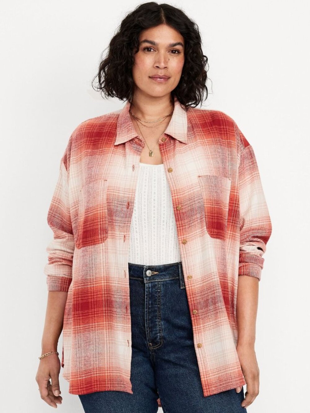 NWT OLD NAVY plus flannel the boyfriend shirt in red plaid (4X)